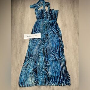 BCBG MaxAzria Maxi Dress Crisscross Straps Abstract Print in Blue and Black
